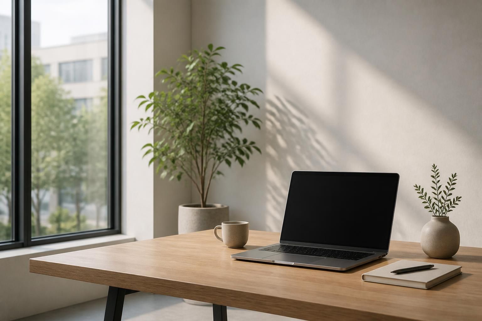 Minimal modern office with laptop and open space for text.