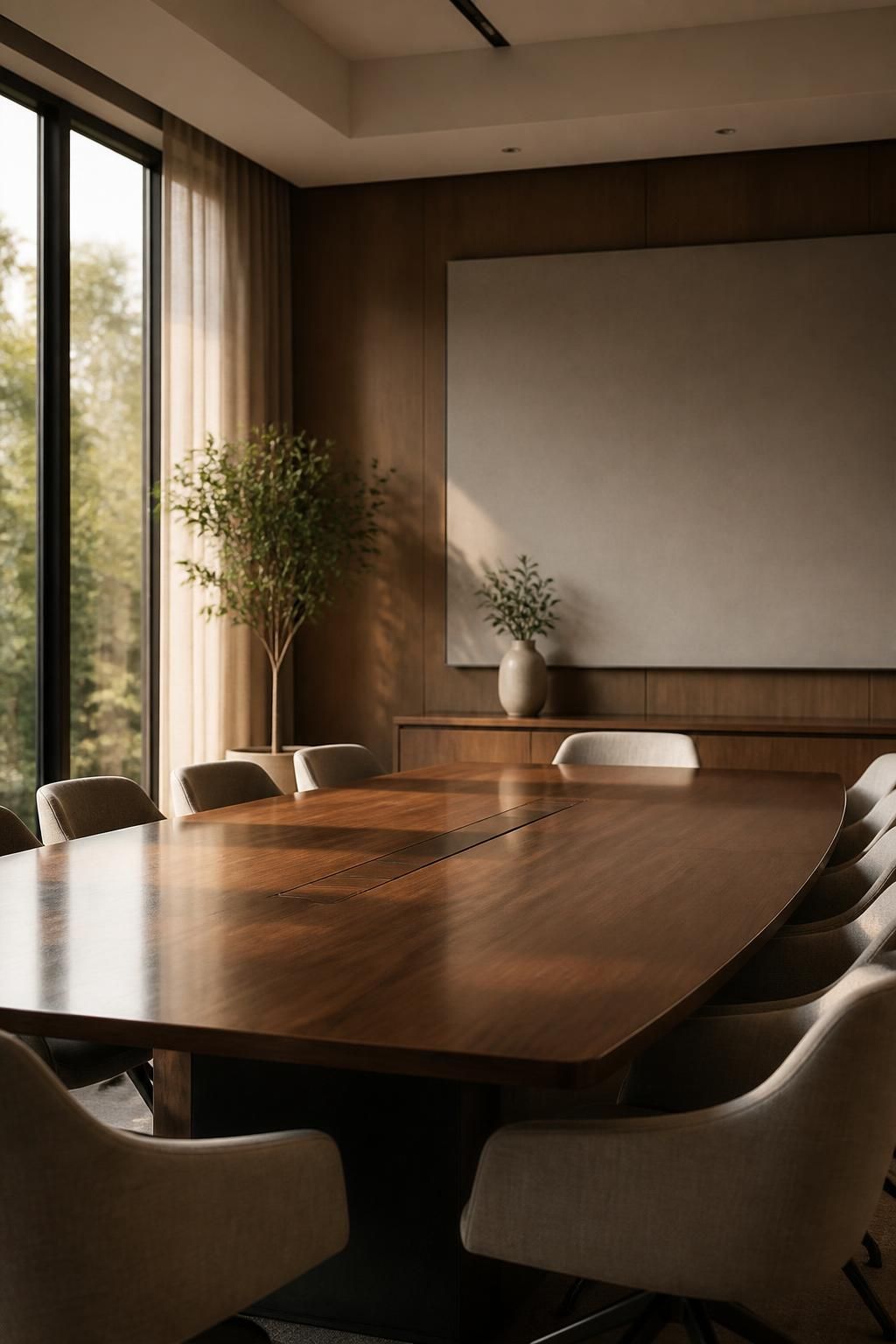 Modern strategy meeting room with warm light and clean finishes.